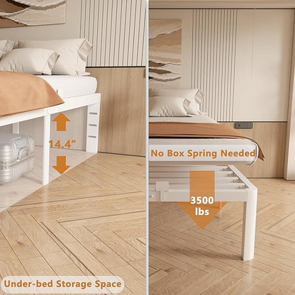 16 Inch Bed Frame King Size with Metal Gaskets, Anti-Slip Mattress Stopper, No Box Spring Needed, Heavy Duty Steel Support 3500 LBS, DIY Headboard, Round Corner Leg, Easy Assembly, White
