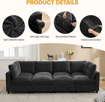 116'' Modular Sectional Cloud Sofa Bed, 8-Seater Convertible Sofa Couch with Ottoman, Modern Deep Seat Sleeper Sofa for Living Room, Chenille Dark Grey