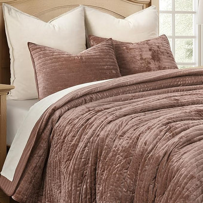 EVERGRACE Velvet Quilt Set Full Queen Size, Luxurious Soft Striped Channel Bedding Set, Lightweight Velvet Comforter for All Season, Oversized Bedspread Coverlet with 2 Matching Shams, Terracotta Clay