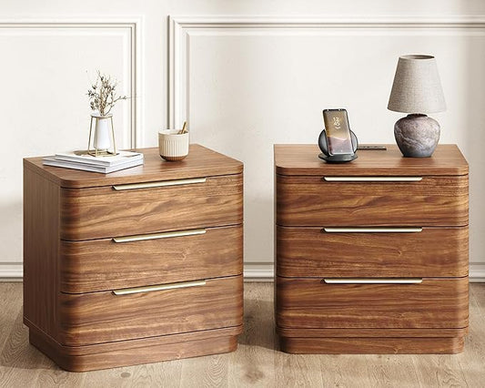 Nightstands Set of 2, Bedside Table with 3 Storage Drawers, 24" Tall Wood Night Stand with Charging Station, Modern Wide End Table Side Table W/Metal Handle Curved Profile for Bedroom