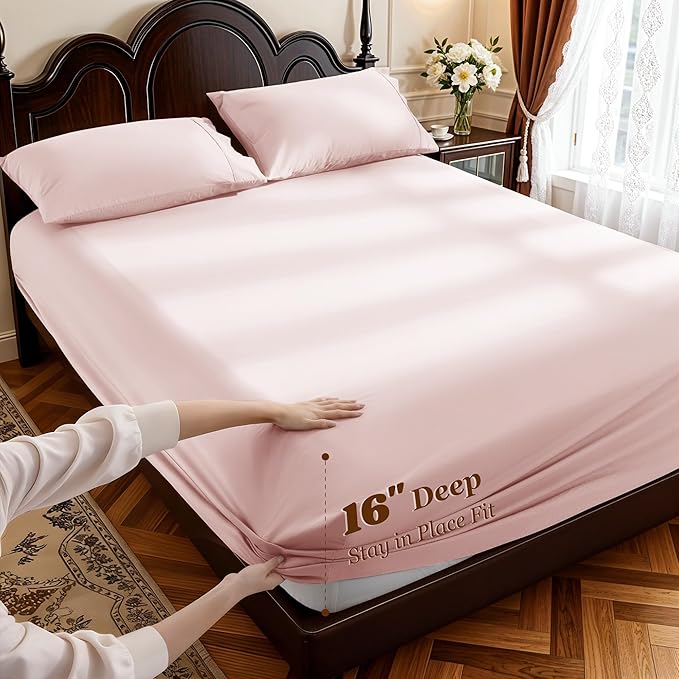 LBRO2M 1000 Thread Count 100% Egyptian Cotton Sheets Set Queen Size, 4 Piece Sets Bed Sheet Deep Pocket Sheet Set 16" Soft Comfortable All Season (Queen, Pink)