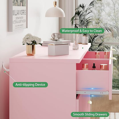 Fluted Dresser for Bedroom with 6 Drawers, 48" Wide Modern Chest of Drawers with Metal Handle, Wooden Dresser TV Stand, Wood Closet Clothes Storage Drawer Organizer for Living Room, Hallway, Pink