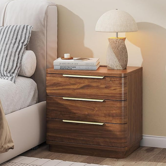 Nightstand Bedside Table with 3 Storage Drawers, 24" Tall Wood Night Stand with Charging Station, Modern Wide End Table Side Table W/Metal Handle Curved Profile for Bedroom