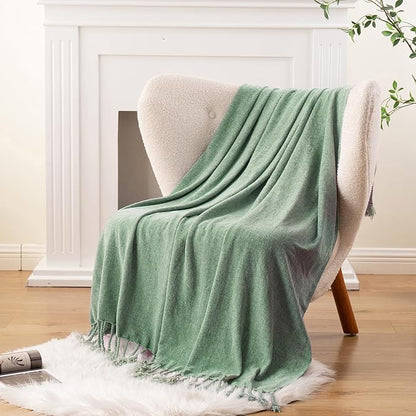 BATTILO HOME Sage Green Throw Blanket for Couch, Bed, Sofa - Soft Cozy Sage Chenille Throw with Fringe Tassels, Lightweight Green Knit Throw for Spring Home Decor, 50"x60"