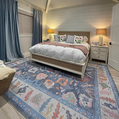 Fame Rugs Blue Modern Oushak Rug 8x10, Vintage Turkish Colorful Oriental Washable Antique Inspired Large Area Rugs, Luxury Living Room Bedroom (387BNB, 7'6 x 10')