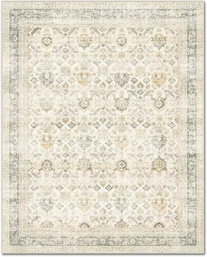 Washable 8x10 Area Rugs for Living Room, Boho Non-Slip Vintage Distress Large Rugs for Bedroom Dining Room Nursery Office, 0.3" Neutral Oriental Throw Thin Carpet, Grey/Beige/Orange/Multi