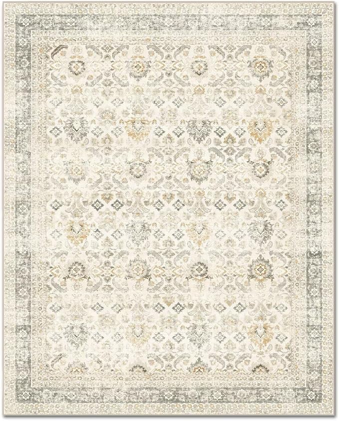 Washable 4x6 Rugs for Living Room, Boho Non-Slip Vintage Distress Small Rugs for Bedroom Nursery Office, 0.3" Neutral Oriental Throw Thin Carpet with Cushioning Pad, Grey/Beige/Orange/Multi