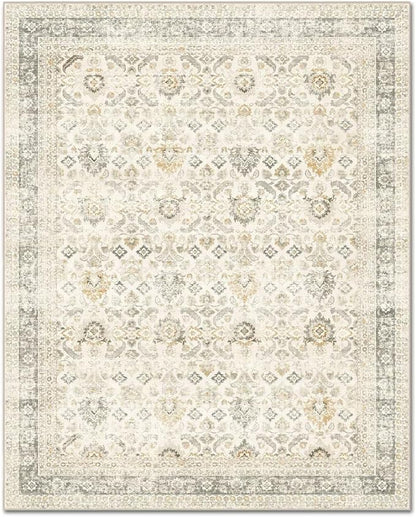 Washable 3x5 Entryway Rug, Boho Non-Slip Vintage Distress Small Rugs for Kitchen Nursery Office Bedroom, 0.3" Neutral Oriental Throw Thin Carpet with Cushioning Pad, Grey/Beige/Orange/Multi