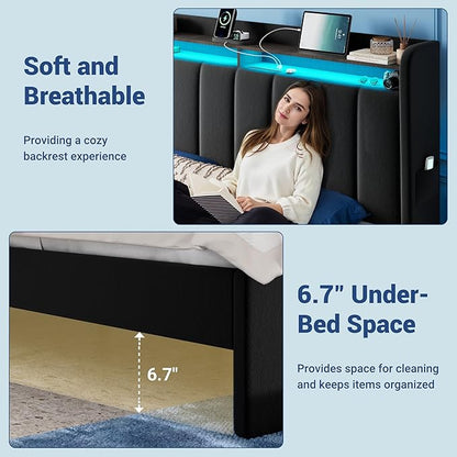 Allewie Velvet Vertical Tufted King Size Upholstered Platform Bed Frame with 2-Tier LED Storage Headboard & 2 Storage Drawers, USB & Type-C Charging Ports, Noise-Free/No Box Spring Needed, Black