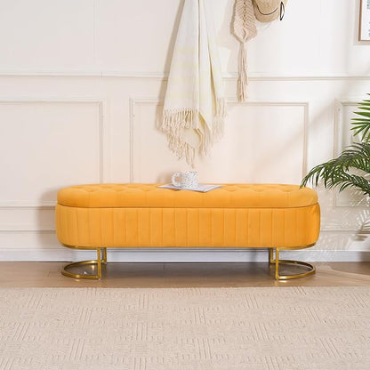 Velvet Storage Bench for Bedroom, Modern Tufted End of Bed Bench for King Size Bed, Upholstered Long Ottoman Bench with Gold Legs for Living Room/Entryway (Mustard Yellow, 55" W)