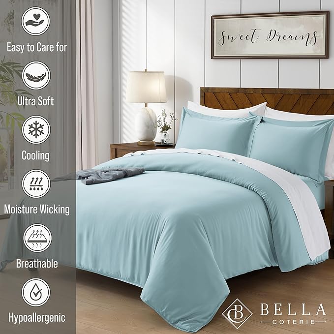 Bella Coterie Luxury Bamboo Viscose Queen Size Duvet Cover Set | 100% Organically Grown | Corner Ties | Ultra Soft | Cooling | Two Pillow Shams | 90 x 94 | No Insert [Coastal Blue]