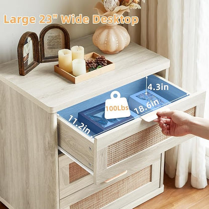 LEYAOYAO Boho Night Stands Set 2 with Storage, 23" Rattan Nightstand with 3 Drawers, Grey White Bed Side Table, Bedside End Tables for Bedroom, Living Room, Hallway