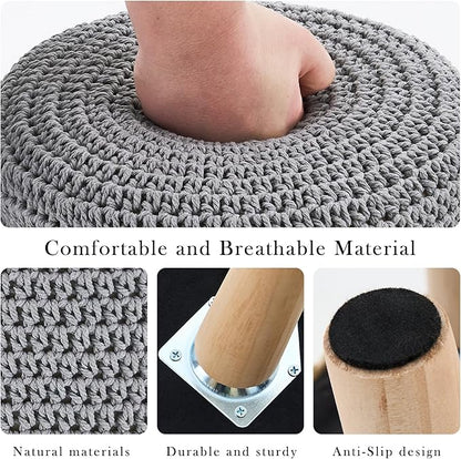 LGENHOOM Boho Ottoman Foot Stool Cotton Knitted Round Pouf Ottoman Foot Rest Stool with Non-Skid Wooden Legs Step Stool Padded Seat for Living Room Gray
