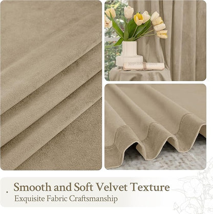 LAMIT Taupe 90 Inch Velvet Curtains for Living Room, Thick Thermal Insulated Room Darkening Drapes Super Soft Elegant Back Tab and Rod Pocket Panels for Sliding Glass Door, 2 Panels, 52 x 90 Inch