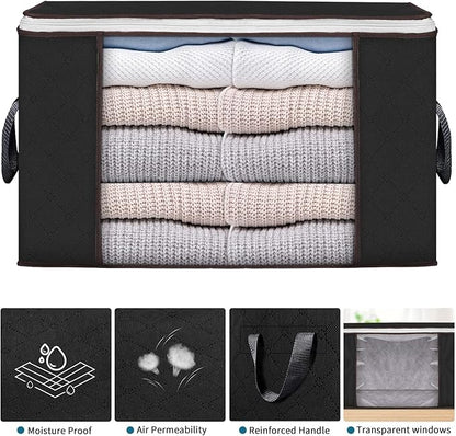 Budding Joy 90 L Large Storage Bags, 10 Pack Clothes Storage Bins Foldable Closet Organizers Storage Containers with Reinforced Handle for Clothing, Blanket, Comforters, Bed Sheets, Pillows (Black)