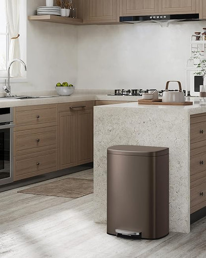 GarveeHome 13 Gal & 2.6 Gal Trash Can Combo Set, Kitchen Trash Can and Bathroom Trash Bin with Lid, Step-On Rustproof Garbage Bin with Inner Bucket, Brown