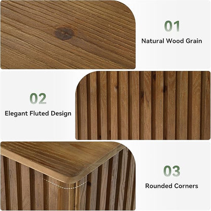 Solid Wood End Table Set of 2, Square Fluted Side Table for Living Room, Farmhouse Bedside Nightstand with Storage and Removable Lid for Bedroom, Small Spaces (2 PCS, Rustic Brown)
