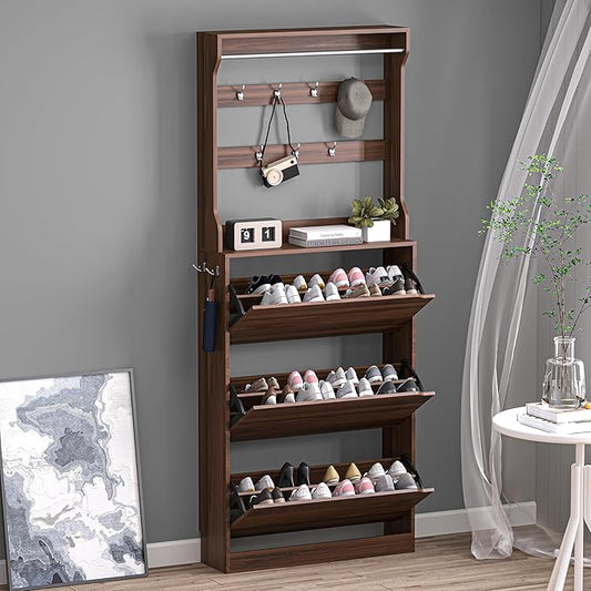 Shoe Cabinet with 3 Flip Drawers & Coat Rack, Narrow Hidden Shoe Storage Cabinet, 2-in-1 Hall Tree Slim Freestanding Shoe Rack Organizer for Entryway, Hallway, and Living Room