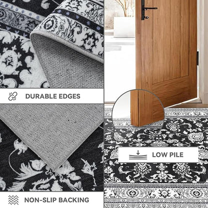 3x6 Washable Floral Runner Rug: Runners for Hallways Non Slip Indoor Rugs Low Pile Kitchen Runner Ultra Soft Vintage Rug Floor Carpet for Bedroom Living Room Dining Bathroom Black White