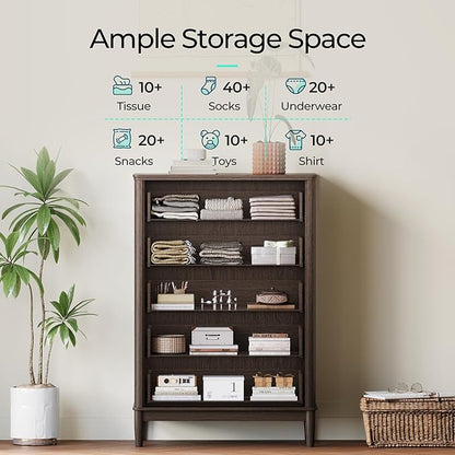 LINSY Rattan 5 Drawer Dresser for Bedroom, 46" Tall Mid-Century Modern Chest of Drawers, Deep Storage Dresser with Curved Corner Design, Large Accent Wood Cabinet for Bedroom, Walnut