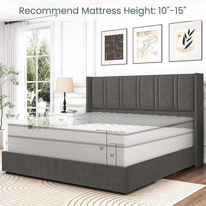 LARMACE Bed Frame Queen Size with Storage Drawers and Wingback Headboard, Linen Upholstered Platform Bed Frame with Wooden Slats, Easy Assembly, Light Grey