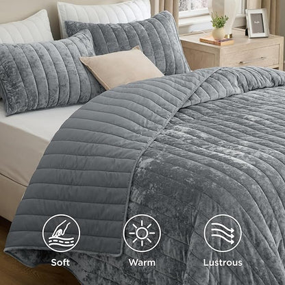 Bedsure Velvet Quilt King Size Set - 108"x96" Lightweight Velvet Comforter King Quilt, Oversized Luxury Bedspread Coverlet, Ultra-Soft Winter Bedding Set with 2 Pillow Shams, Sliver Gray