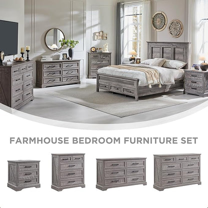ACCOHOHO Farmhouse Nightstand with Charging Station, 22 Inch Wide End Table with 3 Large Drawers & Bar Handles, Rustic Wood Small Dresser Chest of Drawers for Bedroom, Living Room, Closet, Grey