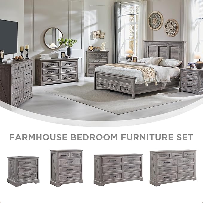 ACCOHOHO Farmhouse Nightstands Set of 2, 22 Inch Wide End Table with Charging Station & 3 Large Drawers, Rustic Wood Small Dresser Chest of Drawers for Bedroom, Living Room, Grey