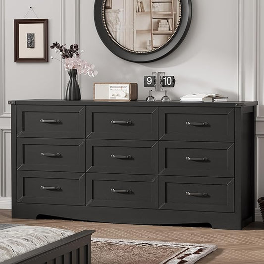 Dresser for Bedroom with 9 Drawers, 63" Wide Wood Chest of Drawers with Deep Drawers & Mental Handle, Modern Dresser TV Stand, Wooden Closet Storage Organizer for Living Room, Hallway, Entryway, Black