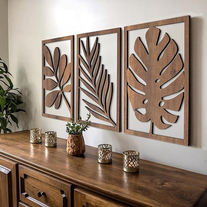 qmmp Modern Wooden Wall Sculptures - Set of 3 - Home Decor Accent - Large Wall Art for Living Room, Bedroom, Office - Easy Installation (Walnut, Large - Tree Leaves)