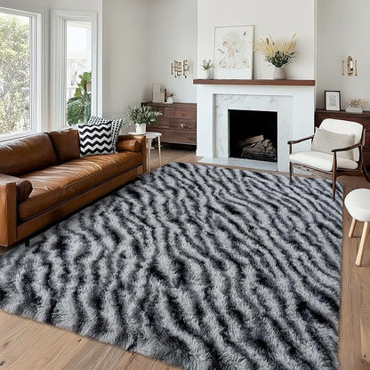 Fluffy Rugs for Living Room, 6x9 Ft Zebra Black and White Area Rug, Soft Large Shag Rugs for Bedroom Dorm Kids Room Nursery, Non-Slip Modern Fuzzy Plush Carpet for Indoor Home Decor