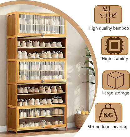 Tall Shoe Cabinet with Clear Doors, Large Capacity Bamboo Shoe Cabinet, 40-45 Pairs Shoe Rack Organizer for Closet Entrance, Hallway, Living Room, Bedroom