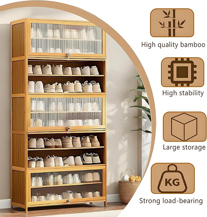 Tall Shoe Cabinet with Acrylic Doors, 10-Tier Large Capacity Bamboo Shoe Cabinet, 40-45 Pairs Freestanding Shoe Rack & Shoe Organizer for Closet Entrance, Hallway, Living Room, Bedroom
