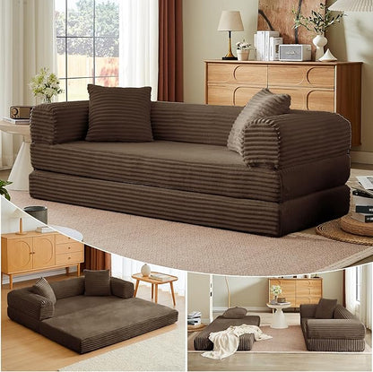 4-in-1 Convertible Folding Sleeper Sofa Bed, Fold Out Floor Sofa Couch with Fixed-Shape Frame, Cloud Corduroy Foldable Mattress Couch for Living Room Bedroom (78" Corduroy, Dark Brown)