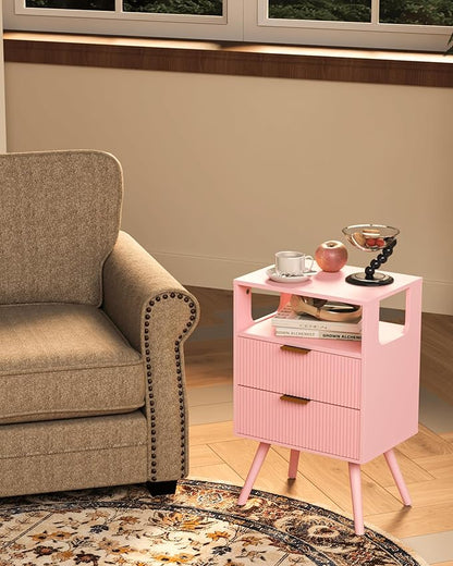 Pink Nightstand,Modern Bedside Table with 2 Storage Drawer and Open Wood Shelf, for Bedroom and Small Spaces,Night Stand with Solid Wood Legs