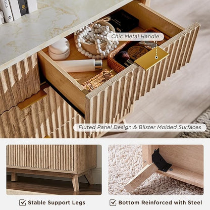 T4TREAM Fluted 7 Drawers Dresser, 54" Wide Modern Chest of Drawers with Faux Marble Top, Curved Profile Design, Dresser TV Stand, Wood Drawer Organizer for Bedroom, Living Room, Hallway, Natural Oak