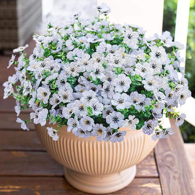 HyeFlora Artificial Flowers for Outdoor Indoor Garden Home Decoration, Faux Flower Daisy with Eucalyptus Leaves Fake Plants Greenery Boxwood Porch Patio, 12 Bundles (Creamy White)