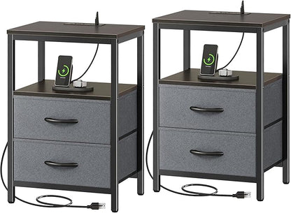 Huuger Nightstands Set of 2, End Tables with Charging Station, Fabric Drawers, Bedside Tables with USB Ports and Outlets, Night Stands for Bedroom, Walnut