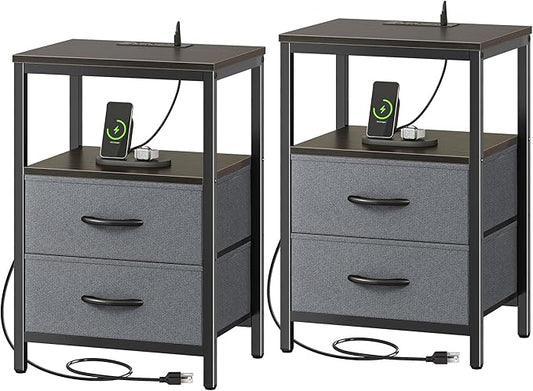 Huuger Nightstands Set of 2, End Tables with Charging Station, Fabric Drawers, Bedside Tables with USB Ports and Outlets, Night Stands for Bedroom, Walnut