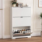 Shoe Cabinet Storage for Entryway with 3 Flip Drawers, White Fluted Shoe Cabinet with Adjustable Shelves, Wooden Hidden Shoe Rack Freestanding Narrow Slim Shoes Storage for Hallway, Entrance