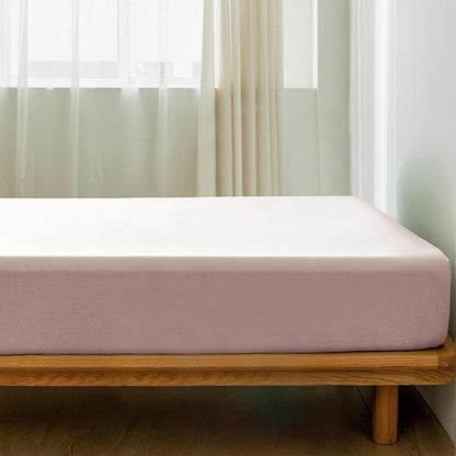 MooMee Fitted Bottom Sheet Only 100% Washed Cotton Linen Like Textured Breathable Durable Soft Comfy Deep Pocket Fits Mattress up to 17" (Greyish Pink, King)