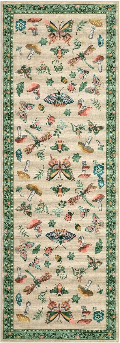 Mushroom Insect 2x6 Runner Rug for Hallway Washable Kitchen Rugs Non Slip with Rubber Back Khaki Green Low-Pile Stain Resistant Indoor Carpet for Entryway Bathroom Laundry Dorm