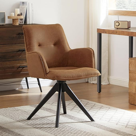 Art Leon Home Office Desk Chair - Faux Leather Upholstered Accent Armchair, Mid Century Swivel Chair with Black Oak Wood Legs for Small Space Living Room Bedroom, Brown