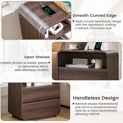 Farmhouse Night Stand, 25" Tall Wooden Nightstand with Charging Station, 2 Storage Drawers Bedside Table Curved Profile, Handleless, Large End Table Side Table for Bedroom, Office, Walnut