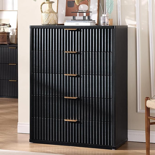 LEYAOYAO Fluted 5 Drawers Dresser Set of 2, 41" Tall Modern Chest of Drawers with Metal Handle, Curved Profile Dresser TV Stand, Wooden Drawer Organizer for Bedroom, Living Room, Hallway, Lightgrey