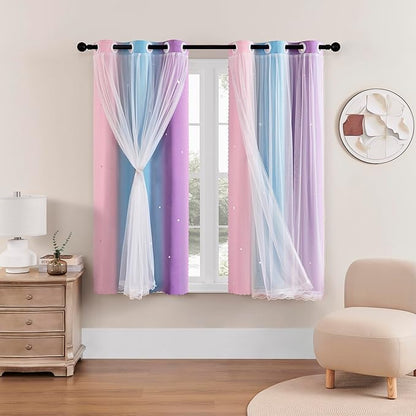 XiDi Curtains for Bedroom Decor, Rainbow Pink Purple/34/54