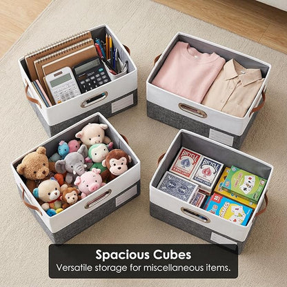 PRANDOM Storage Boxes with Lids [3-Pack] Linen Fabric Foldable Storage Bins Organizer Containers Baskets Cube with Cover for Closet Office Nursery Grey&White（11.4X8.6X6.7