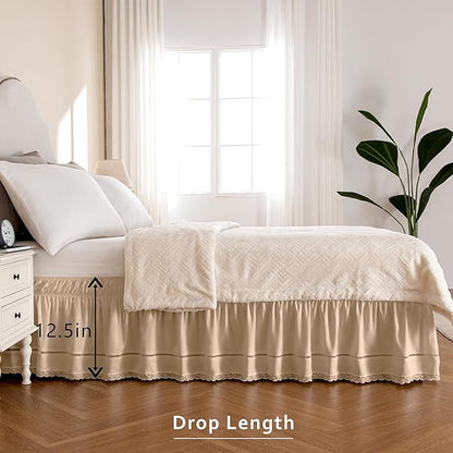 MIYE Wrap Around Ruffled Lace Bed Skirt, Elastic Dust Ruffle with Adjustable Belts, Easy to Put On, Bed Frame Cover, Machine Washable (Floral Lace/Beige, Full/Twin-12.5" Drop)