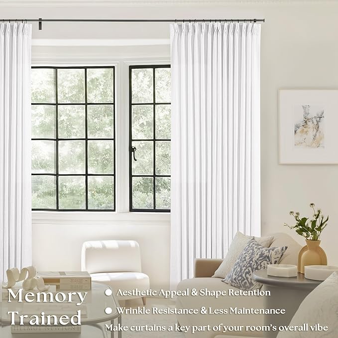 Extra Long Pinch Pleated Linen 120 Inch Curtains 2 Panels Set for Living Room Bedroom Farmhouse Snow White Cotton Linen Blend Back Tab Memory Shape Pinch Pleat Ceiling Floor Window Curtains 10 FT