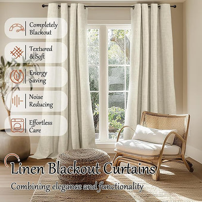 60 Inch Wide Linen Blackout Curtains for Living Room/Bedroom 84 Inch Length 2 Panels, Total Black Out Thermal Insulated Soundproof Grommet Boho Window Drapes White Liner for Modern Farmhouse, Natural